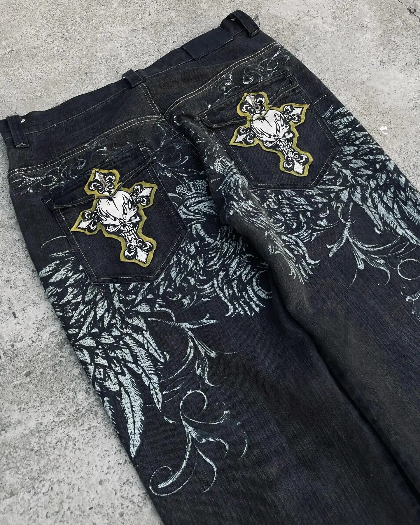 Gothic Retro American Cross Embroidery Patchwork Baggy Jeans  Streetwear Casual Straight Wide-leg Pants