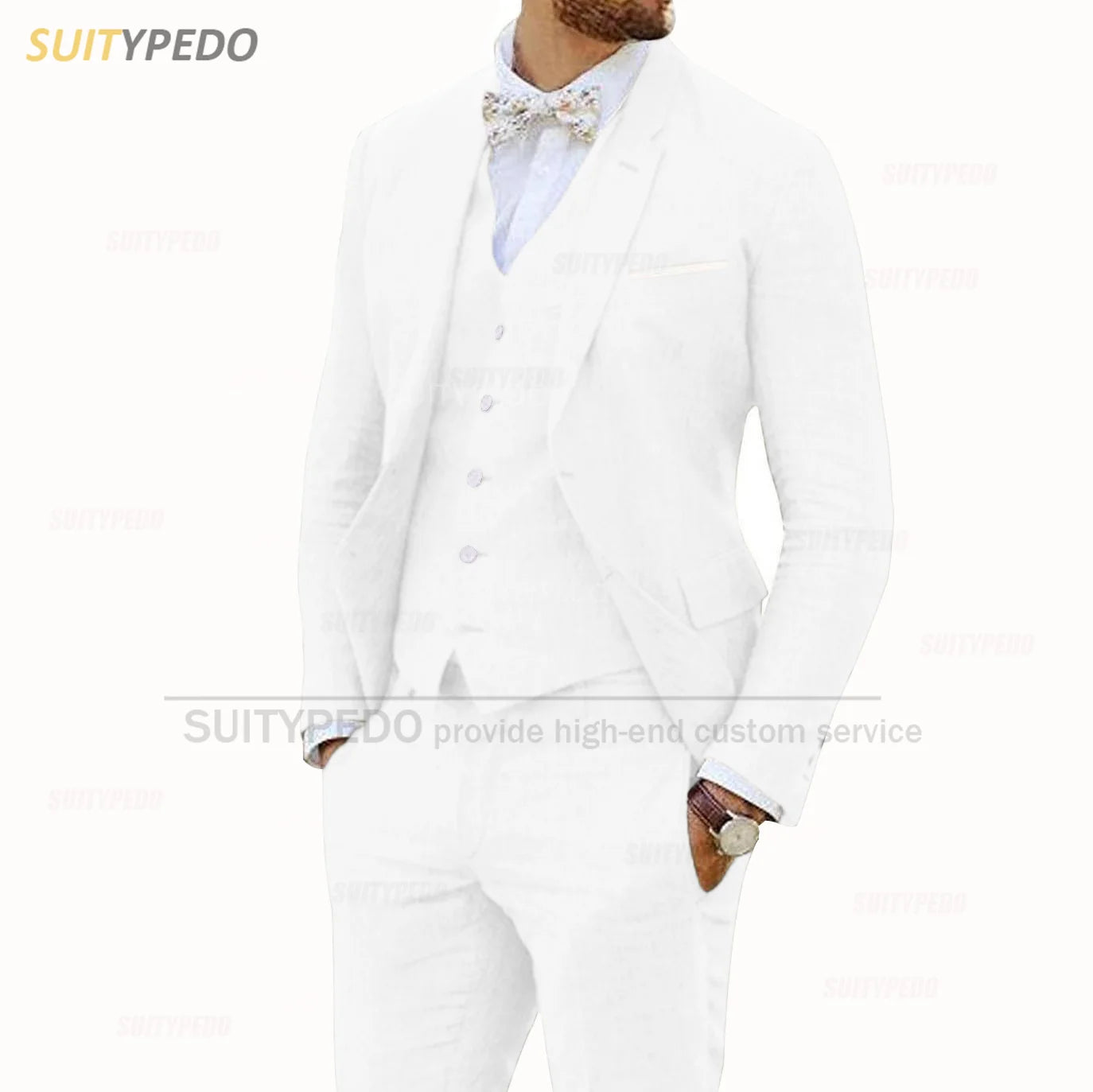 Linen Suits for Men 3 Pieces Casual Slim Fit Suit Blazer Vest Pants Set Formal Prom Wedding Tuxedos for Groomsmen Best Man