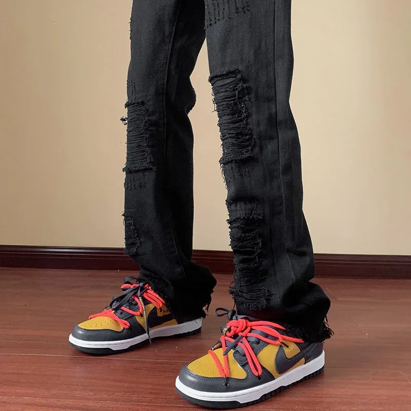Fashion Stretch Patch Jeans Patchwork Creative Tassels Decoration Straight Denim Trousers  Jean Pants