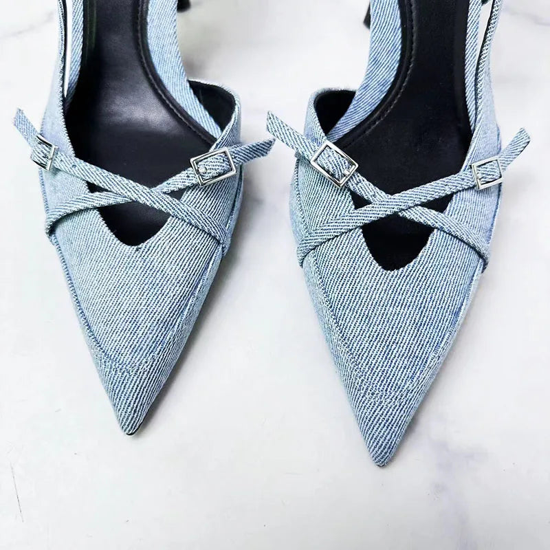 Sexy High Heels Pumps Shoes Pointed Toe Slingbacks Denim