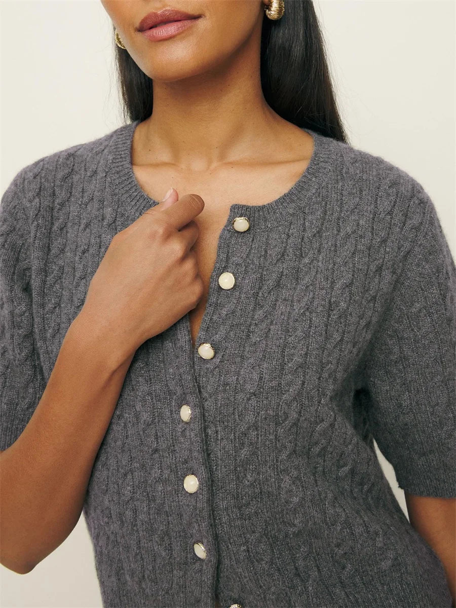 Elegant Women's Cashmere Cardigan with V-Neckline and Ribbed Trim Lightweight Button Down Short Sleeve Sweater