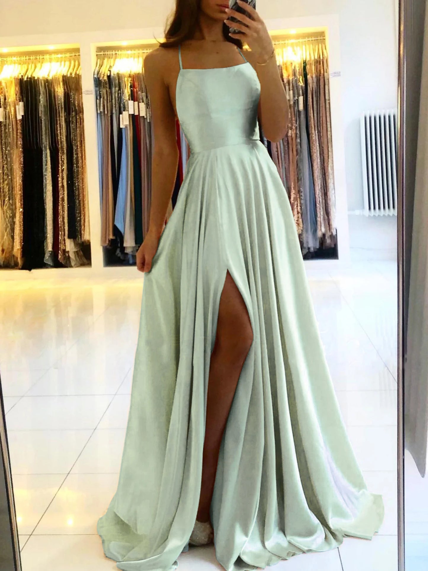 Elegant Dusty Green Long Prom Dress Sexy Backless Side Slit Halter Satin Evening Party Gowns