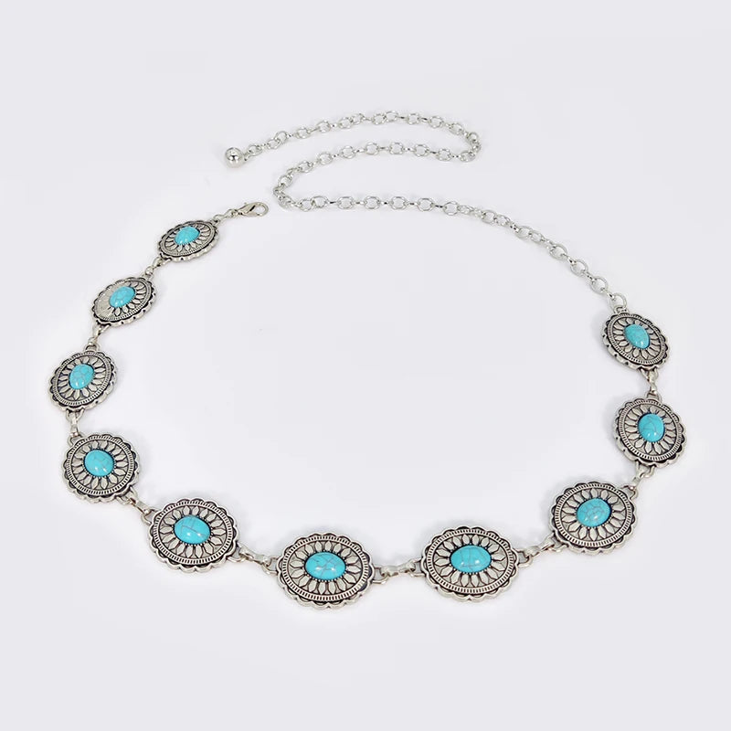 Fashion Silver Bohemian female circular waist chain luxury turquoise gemstone Ellipse chain belts for women