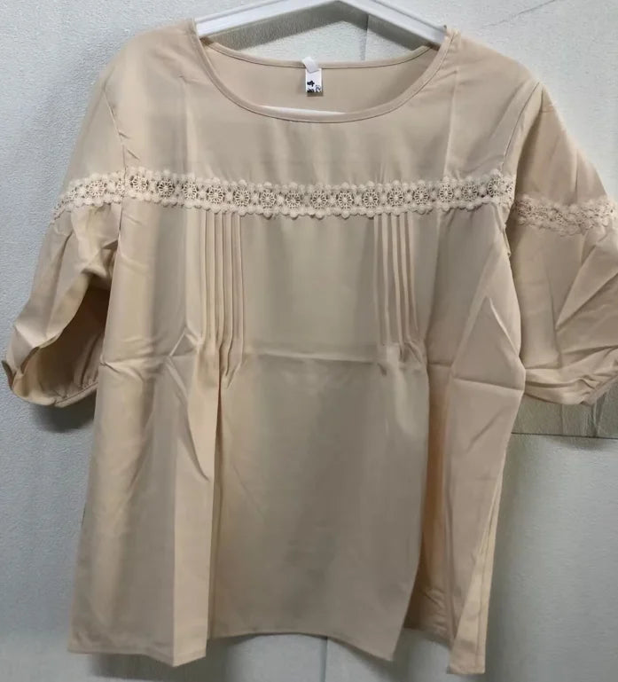 Vintage Blouse  Short Sleeve O-neck Patchwork Lace Chiffon