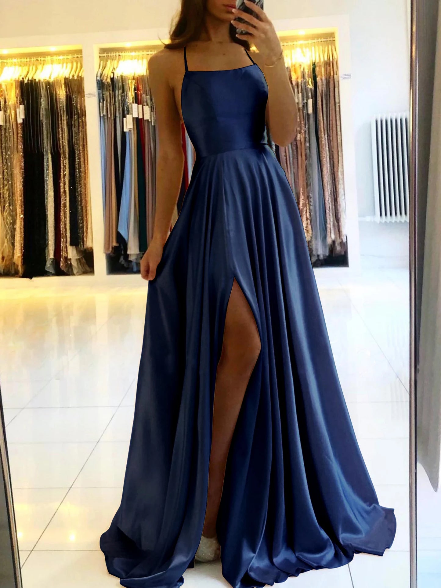 Elegant Dusty Green Long Prom Dress Sexy Backless Side Slit Halter Satin Evening Party Gowns