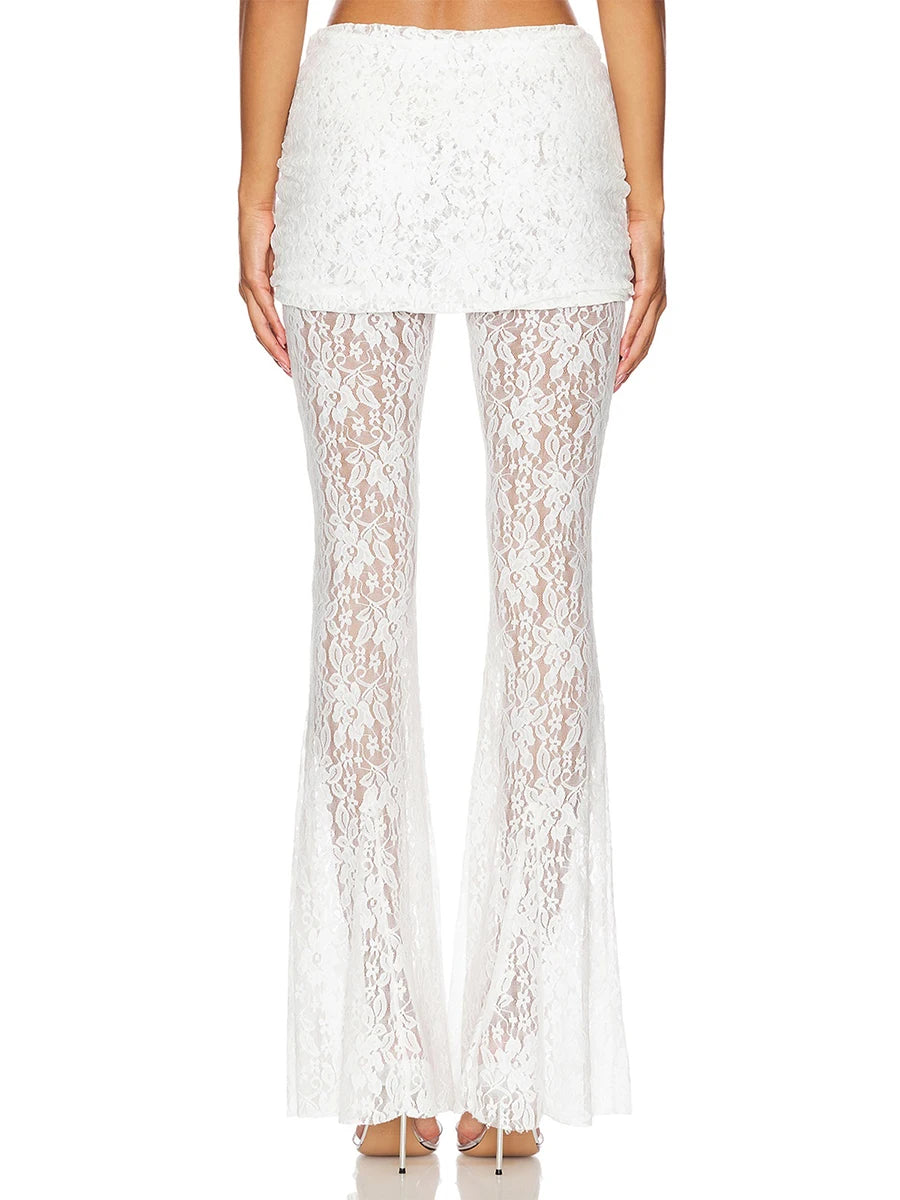 Elegant Lace Overlay Flared Pants with Elastic Waistband and Skirt Detail Stylish Bell Bottom Trousers for Women