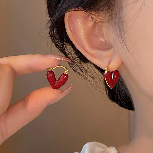 French Romantic Wine Red Enamel Heart Shaped Pendant Earrings