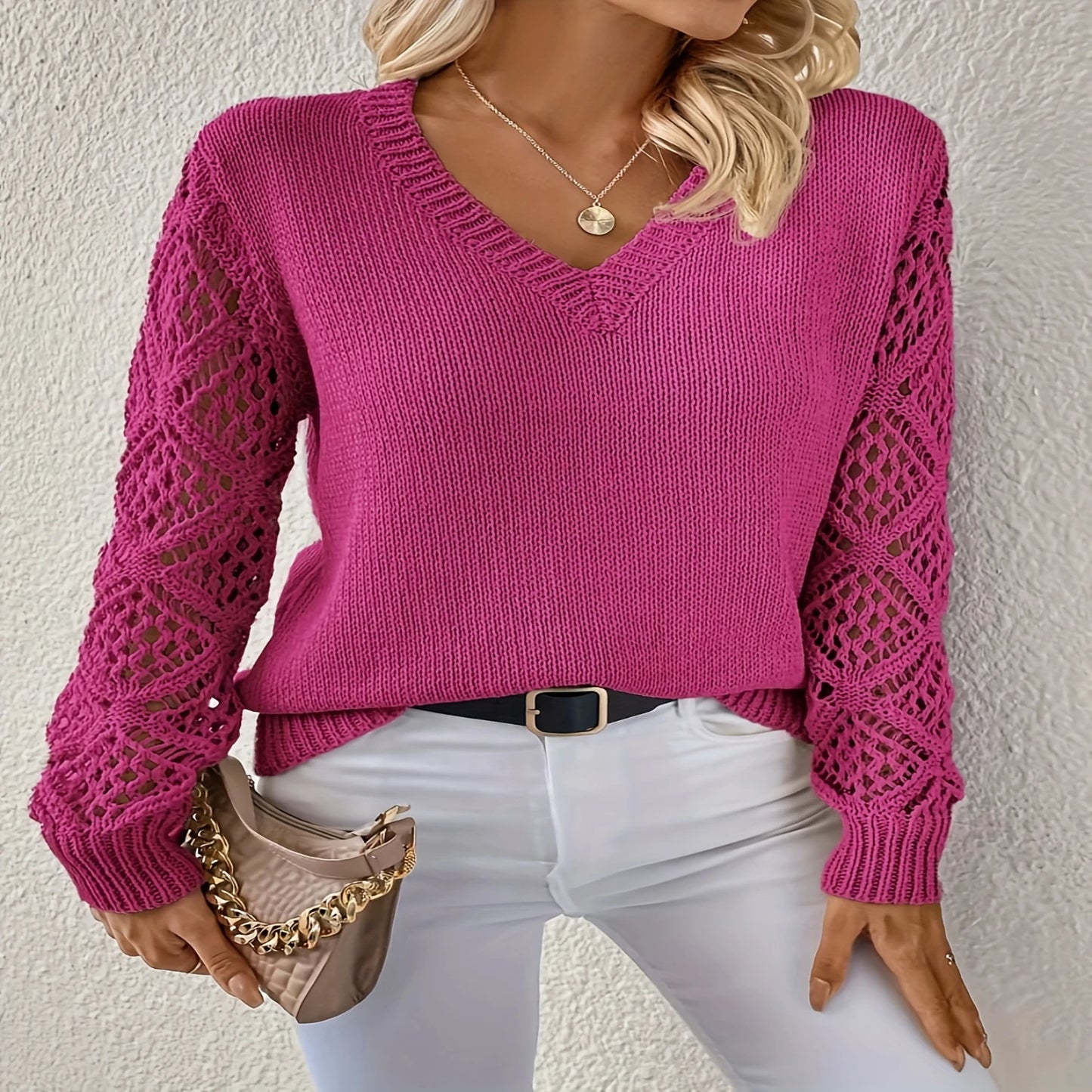 Solid Hollow Out Pullover Sweater, Elegant V Neck Long Sleeve Sweater