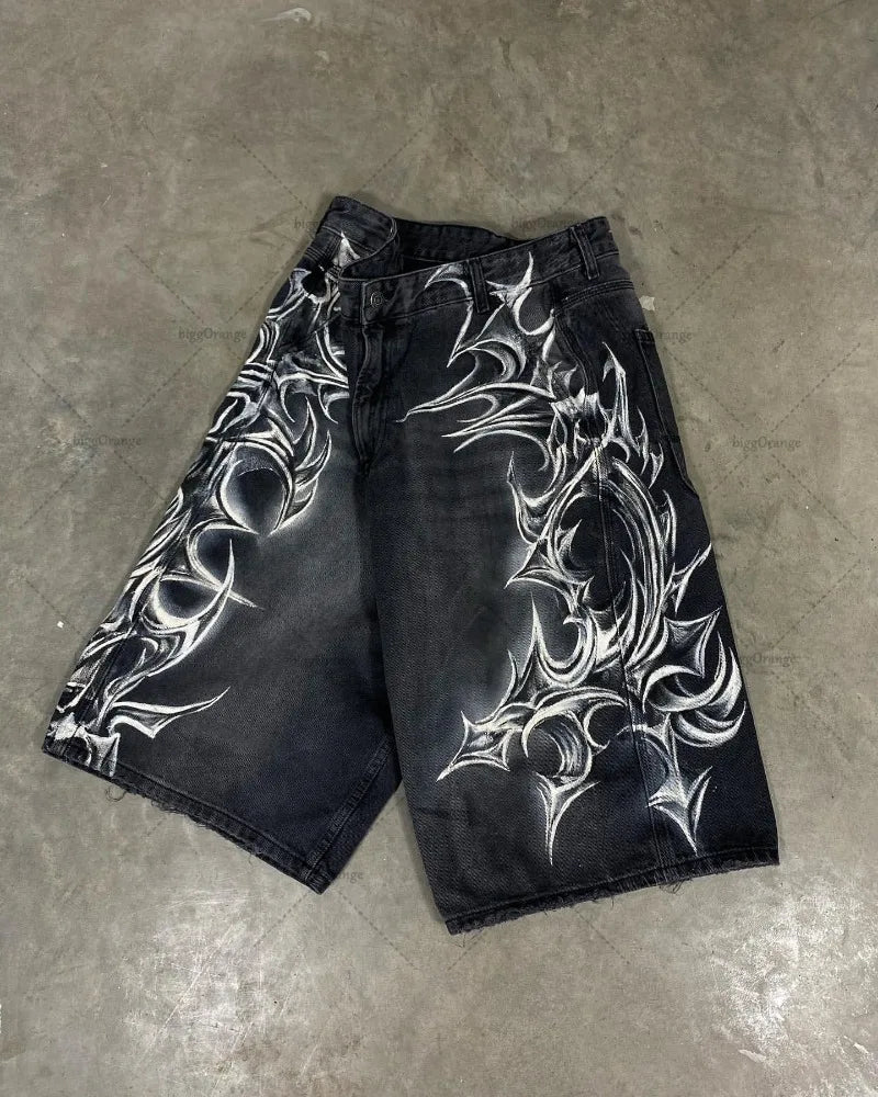 Street Hip-hop Classic Personalized Printed Straight Loose Fashion Jeans Retro  Casual All-match Shorts Women
