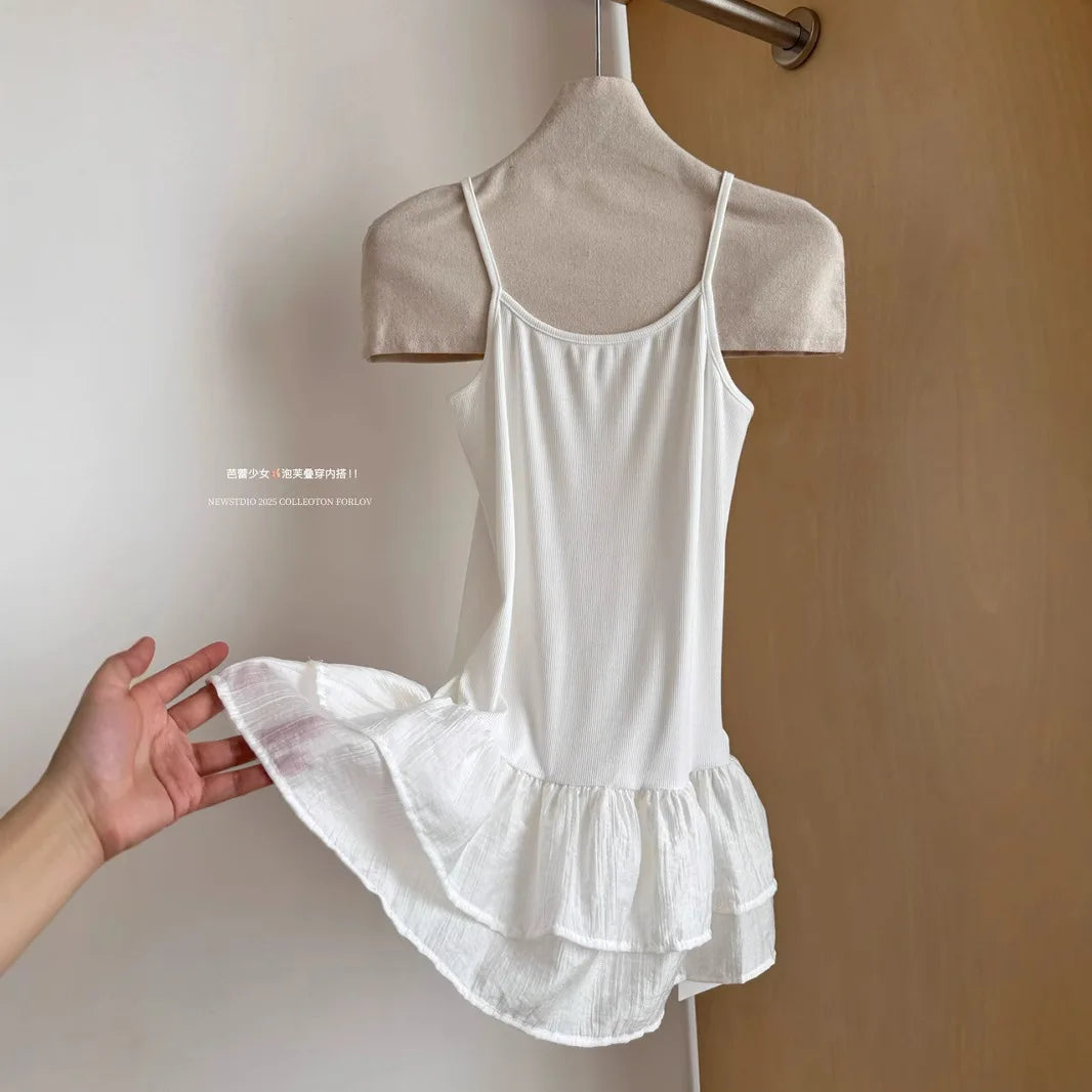 White Camisole Top for Women with Ruffle Double-layer Skirt Women Sleeveless Tank Top Splicing Slimming Strapless Base Vest Tee