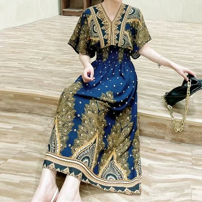 Colorful Flower V-neck Elastic Youthful Bohemian Sweet Midi Dress Woman Clothes Chic Fashion Summer Dresses