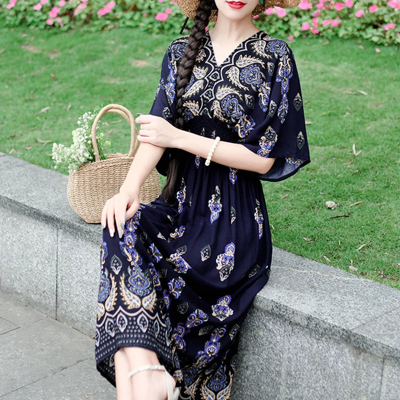 Colorful Flower V-neck Elastic Youthful Bohemian Sweet Midi Dress Woman Clothes Chic Fashion Summer Dresses