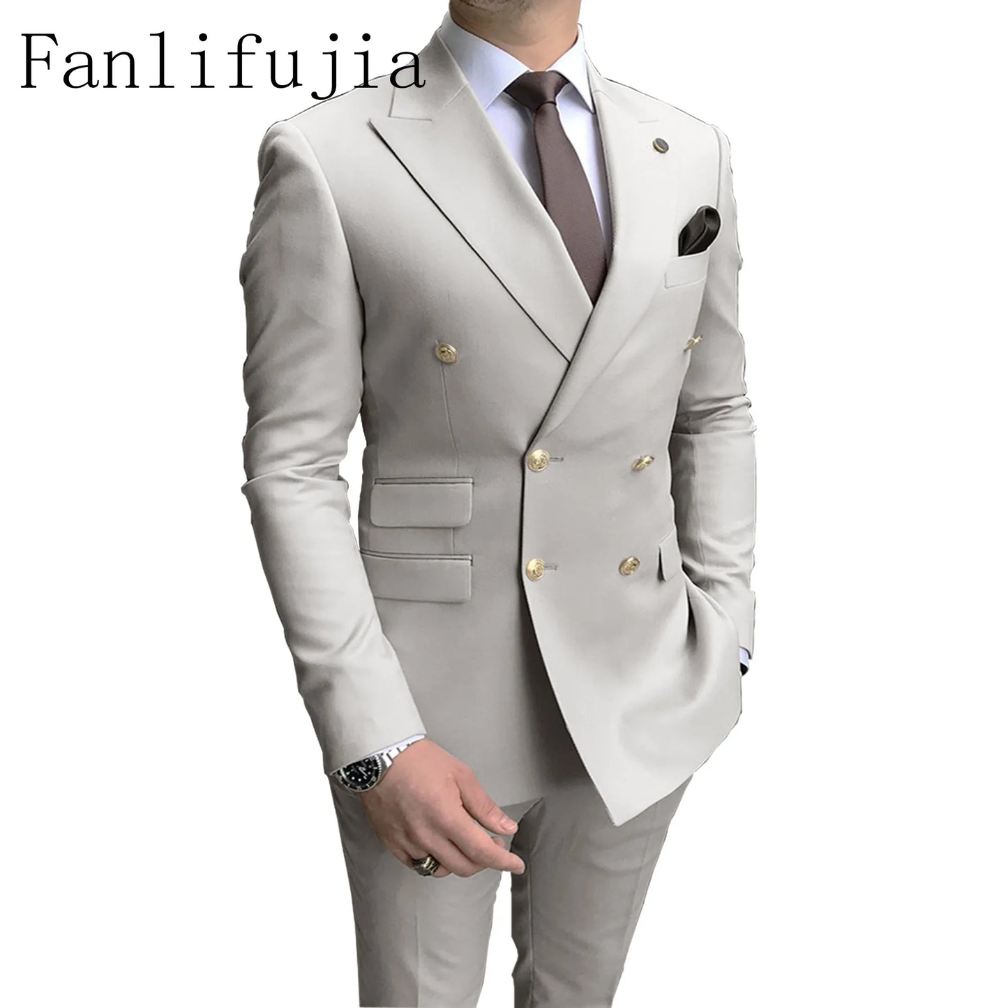 Men's Party Tuxedos 2 Pieces Latest Peak Lapel Men Suits Gold Buttons Fashion Style Suits Double Breasted