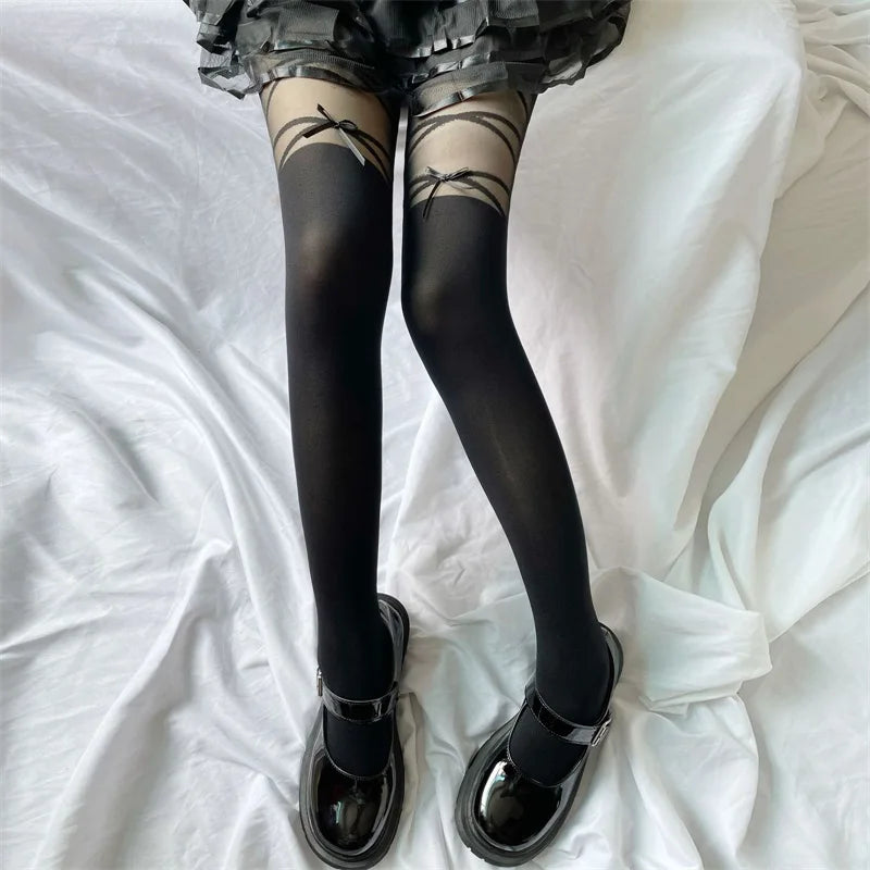 Fashion Thigh High Socks with Sheer Bow Tie Up Detail - Trendy Stockings