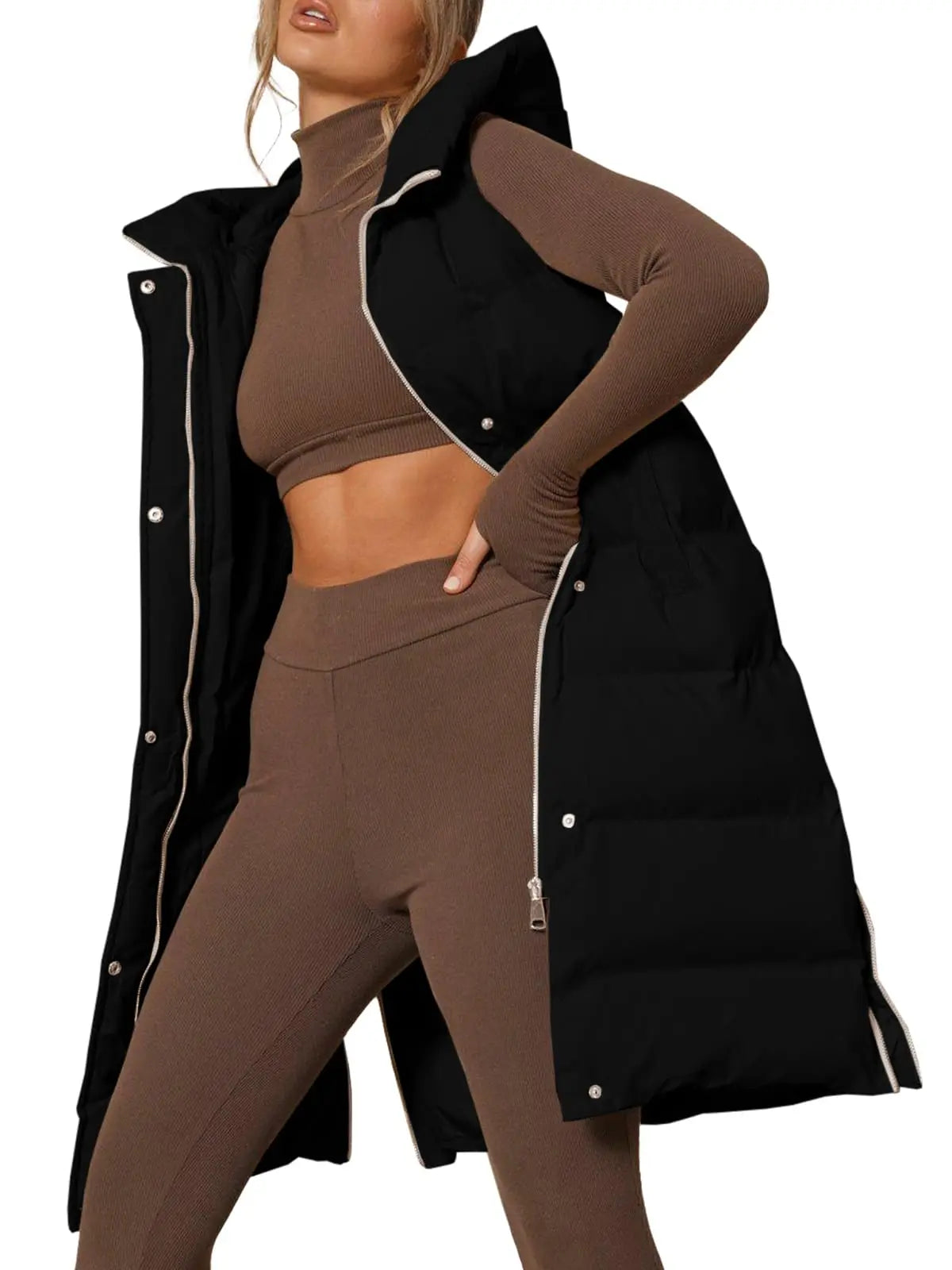 Down Vest with Stand Collar Thick Hooded Sleeveless Long Vest