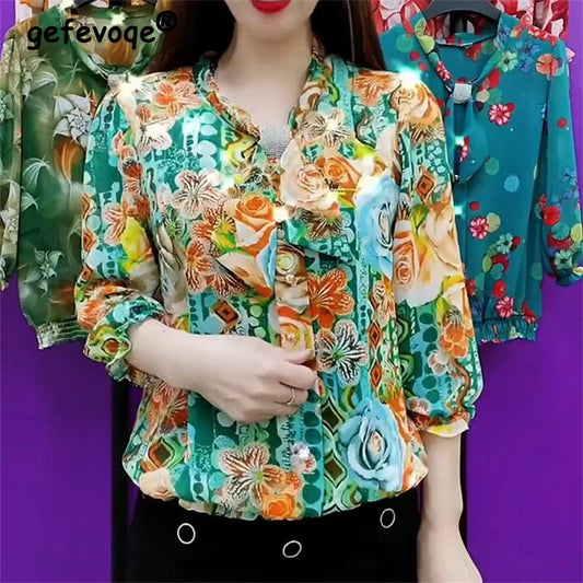 Ruffles Bow Rhinestone Floral Print Blouse