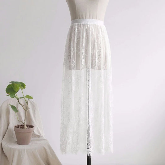 Floral Lace Maxi Skirt with Elastic Waistband and Sheer Mesh Overlay - Perfect for Layering Under Dresses