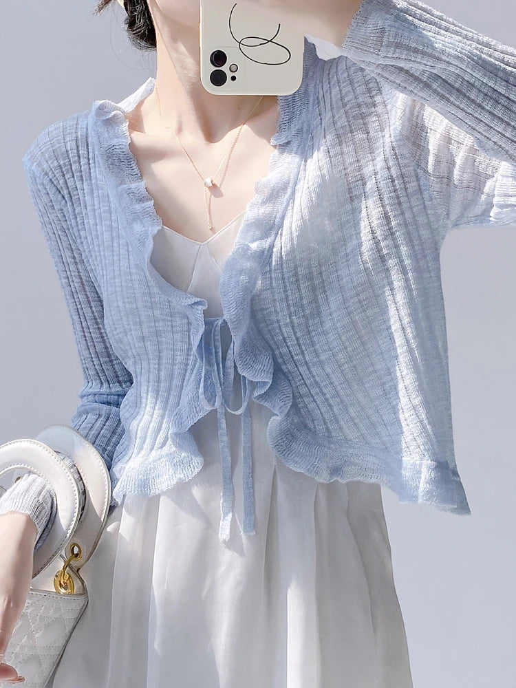 Ruffle Trim One Button Long Sleeve Crop Top Women Long Sleeve Open Front Ribbed Knit
