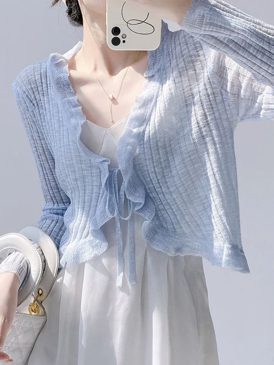 Ruffle Trim One Button Long Sleeve Crop Top Women Long Sleeve Open Front Ribbed Knit