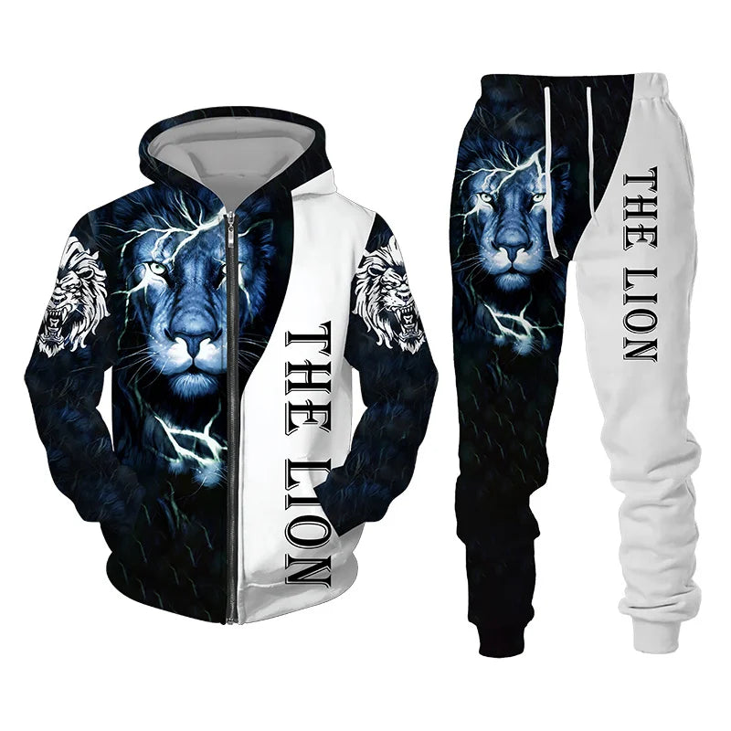 Men's Tracksuit 3D The Lion Print Zipper Hoodies Sweatshirts Pants Sets Casual Men's Clothing Women's Tracksuit