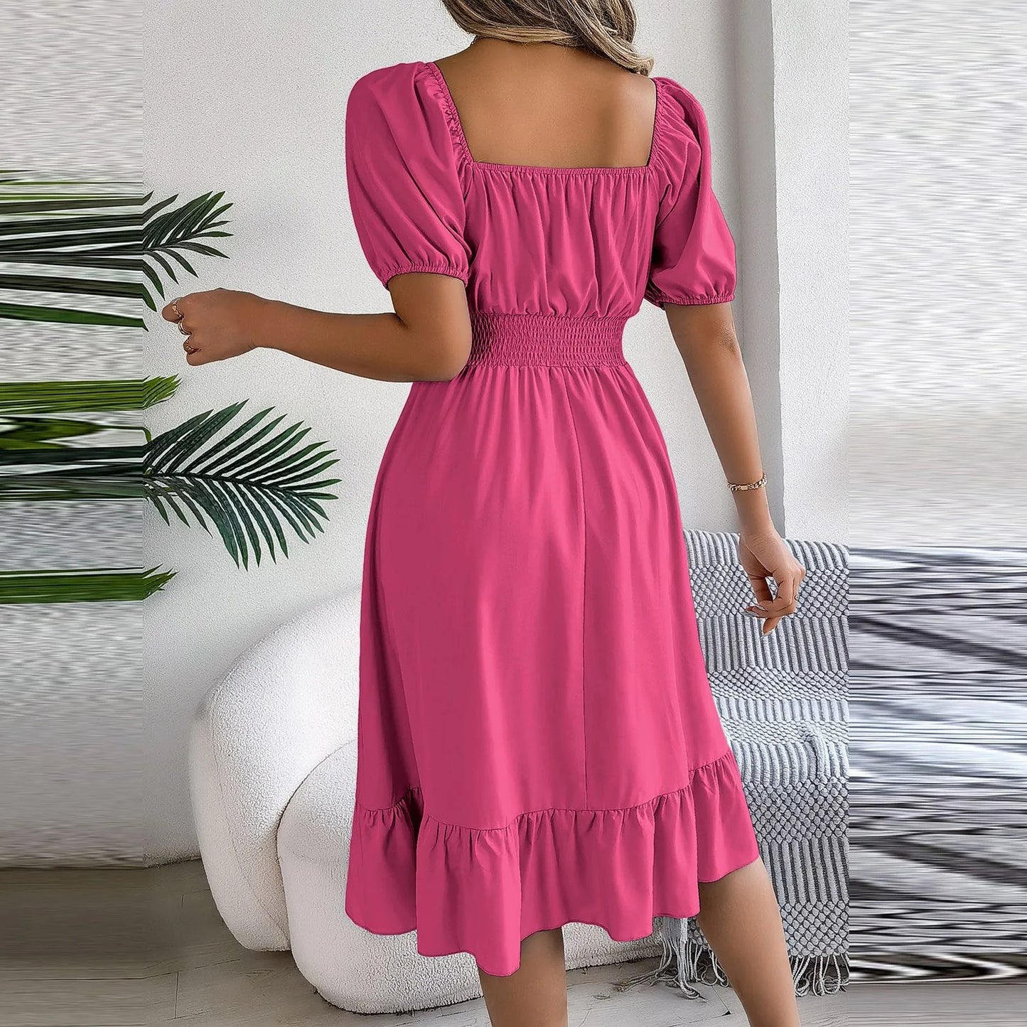 Elegant Women Spring Summer Dress Square Neck Puff Sleeve A Line  Square Neck Tie Waist Ruched Casual Solid Midi Dress