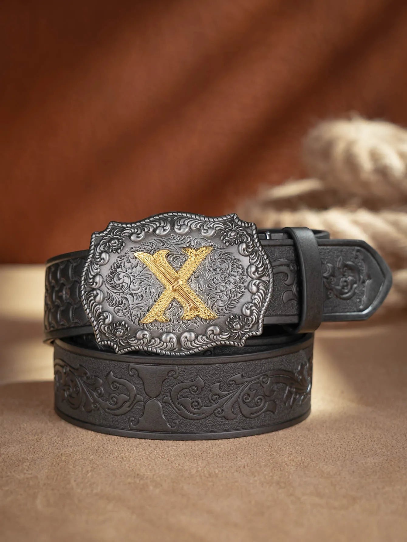 Western Cowboy PU Leather Belt  Waist Strap Bull Decoration Floral Engraved for Jeans