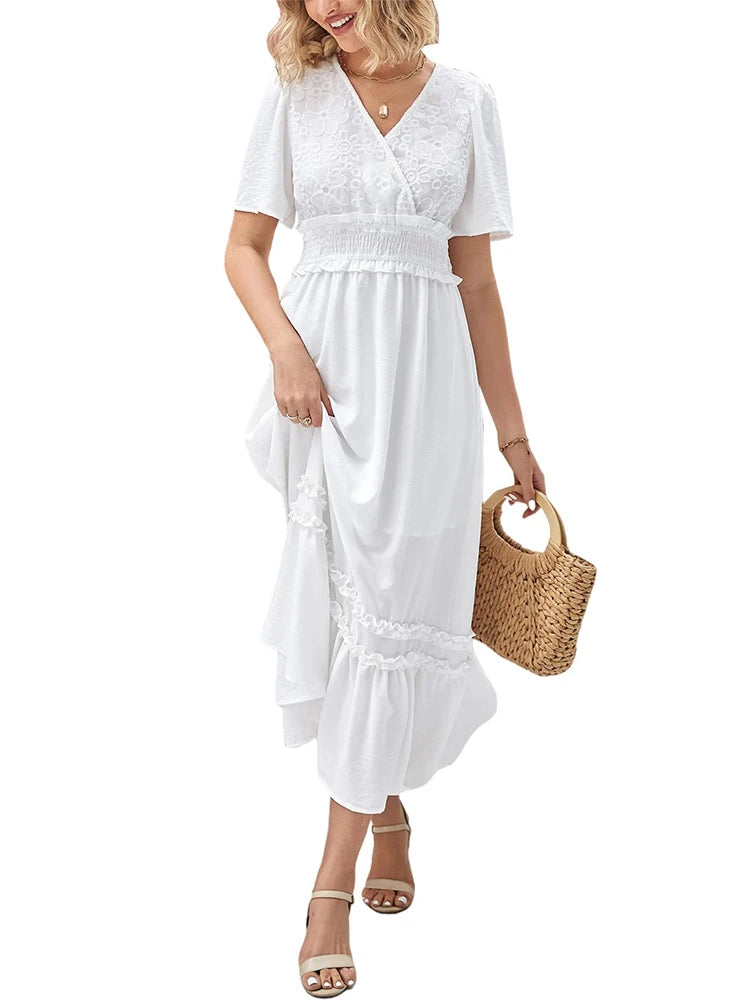 Women's V Neck Formal V Neck Maxi Dress Ruffle Fringe Short Sleeve Boho Long Dresses