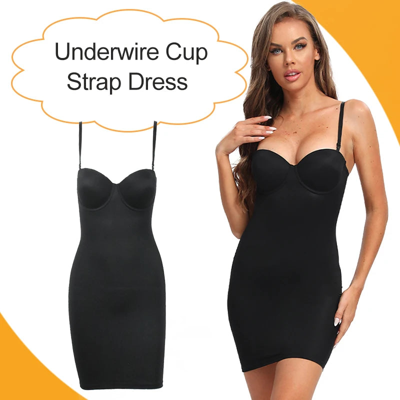 Slimming Full Length Shapewear Slips Straight Tube Dress Body Shaper Women Under Dresses Underwire Cup