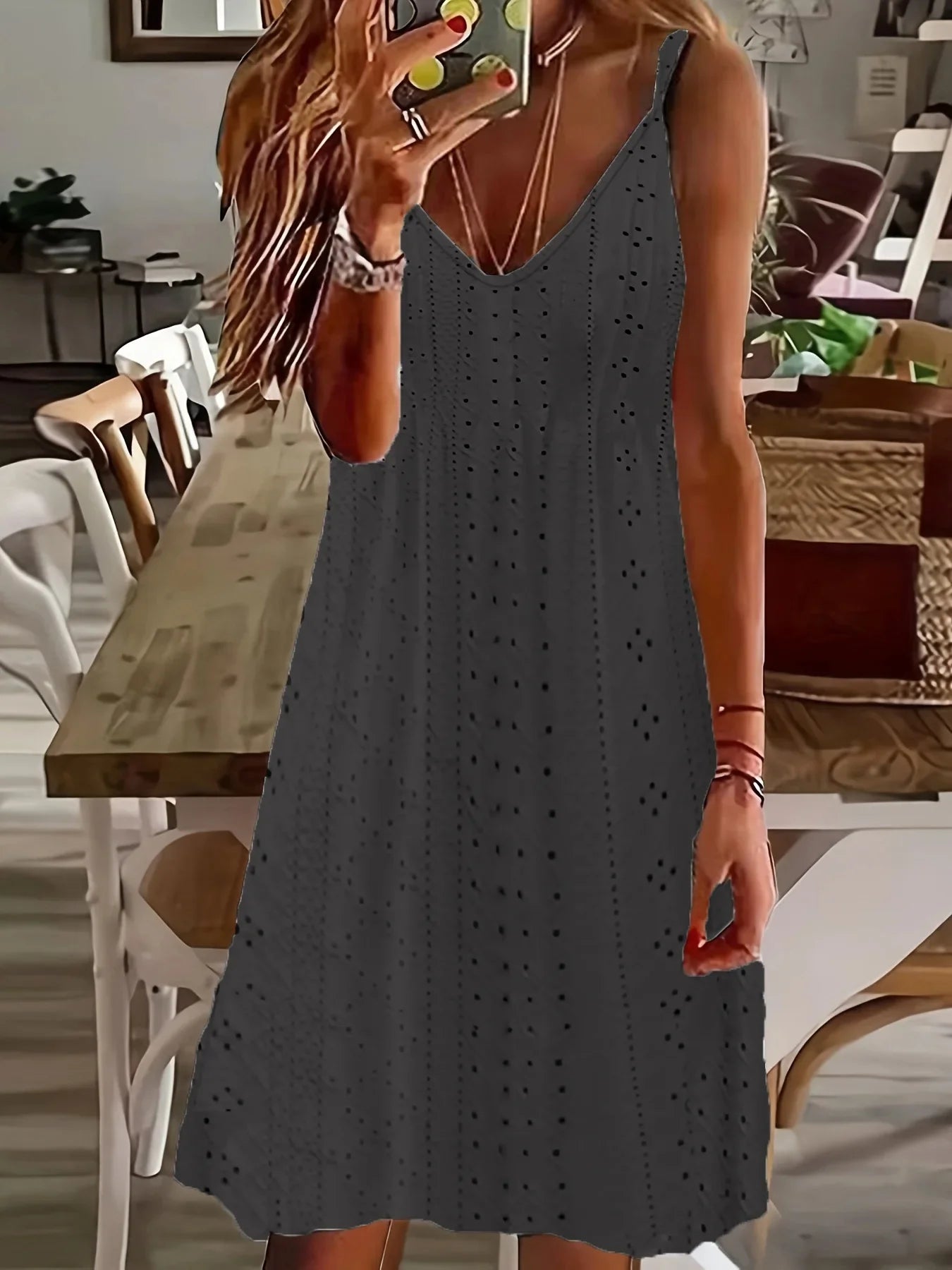 Europe and the United States Plus Size Women's Summer  Cutout Jacquard V-Neck Strap Solid Color Dress