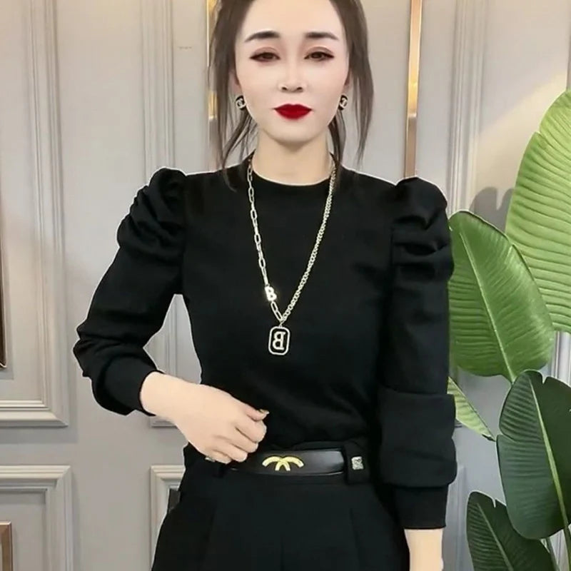 Elegant Stand Collar Solid Color Puff Sleeve Blouse