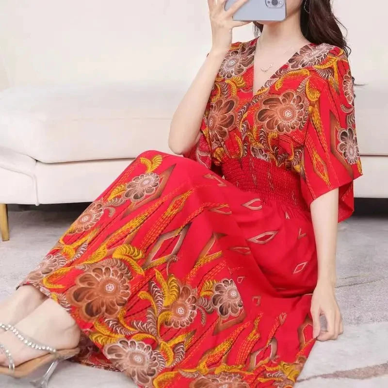 Colorful Flower V-neck Elastic Youthful Bohemian Sweet Midi Dress Woman Clothes Chic Fashion Summer Dresses