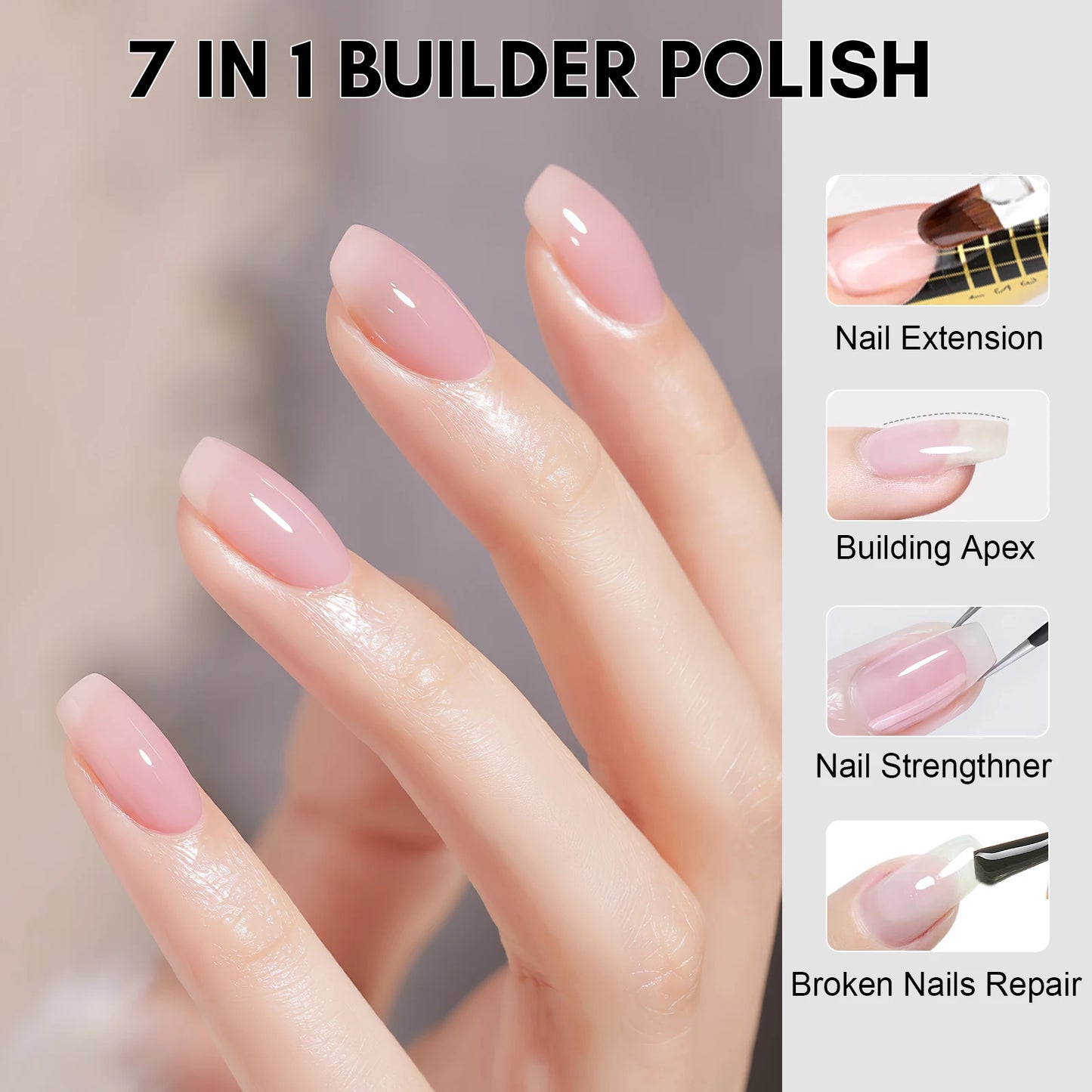 Builder Nail Gel with Base Top Coat Set- Clear Gel Nail Polish No Wipe Glossy Nail Strengthener Extension Builder