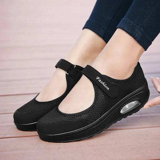 Lightweight Mary Janes Air Cushion Running Sport Shoes Breathable Quick Dry Velcro Soft Flat Shoes