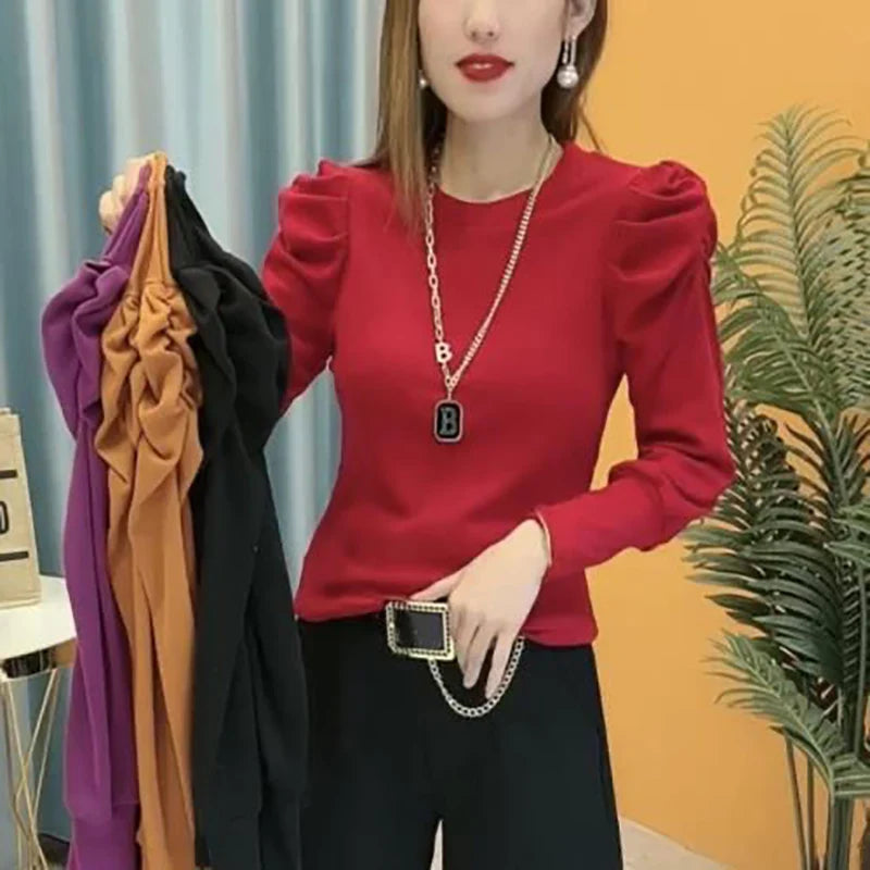 Elegant Stand Collar Solid Color Puff Sleeve Blouse