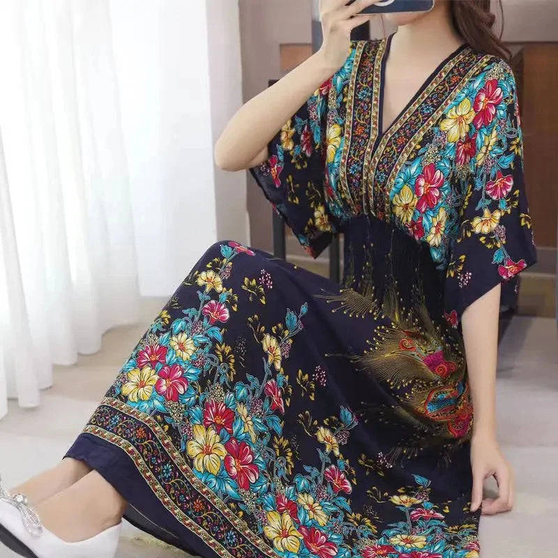 Colorful Flower V-neck Elastic Youthful Bohemian Sweet Midi Dress Woman Clothes Chic Fashion Summer Dresses