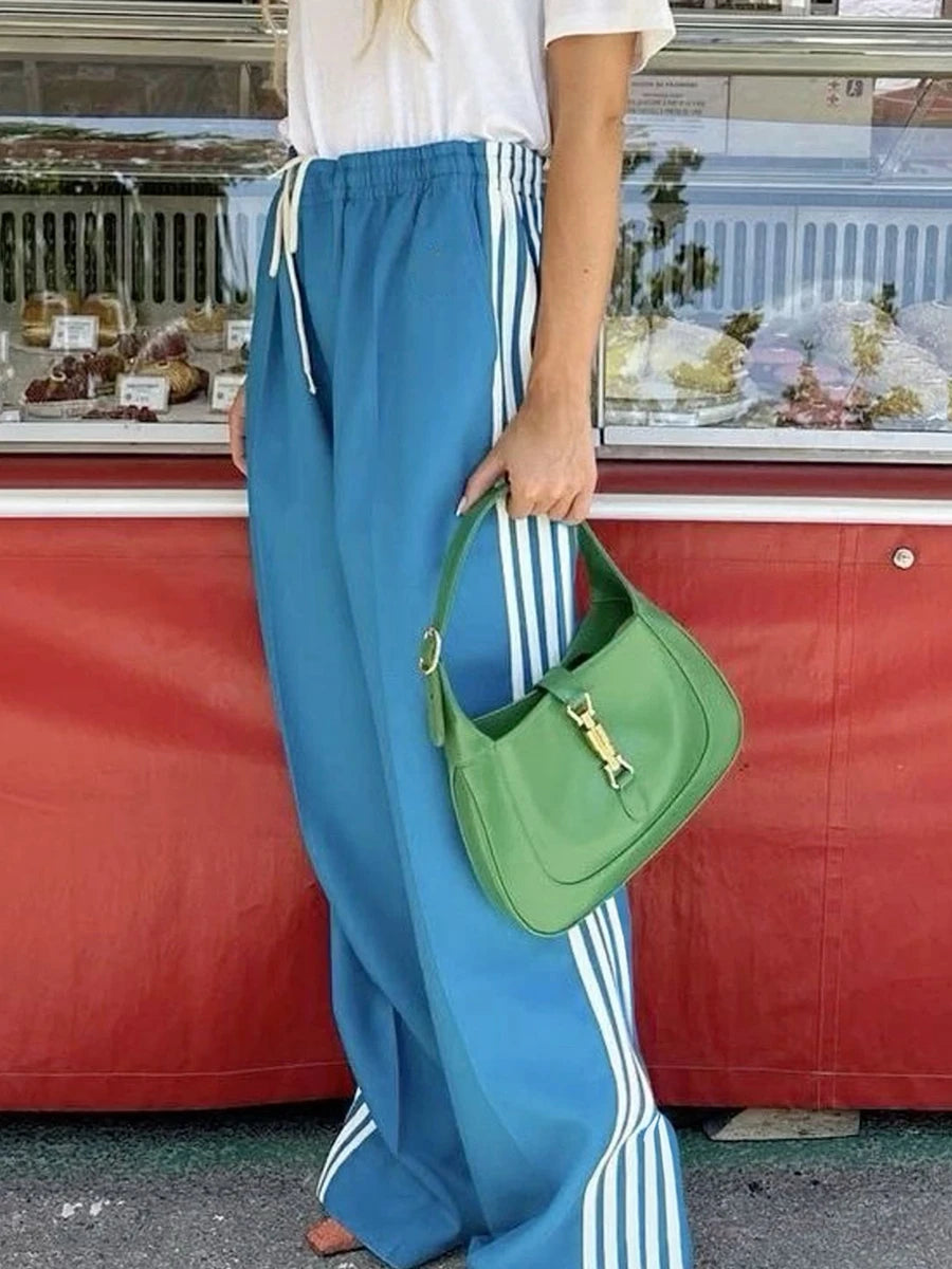 Women s High Waisted Striped Trousers with Adjustable Drawstring Waistband and Side Pockets for a Casual Chic Look