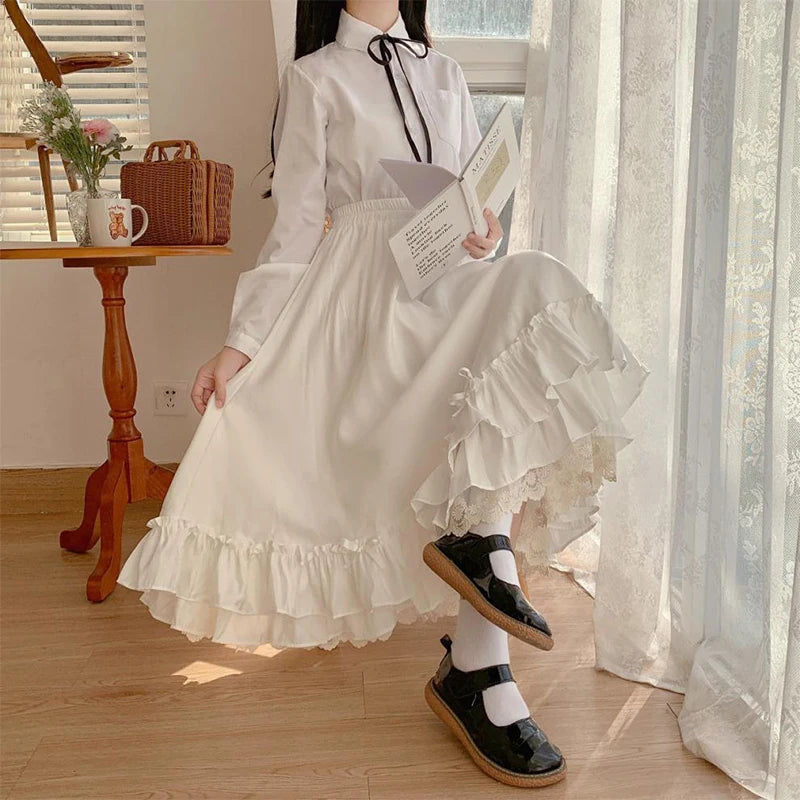 Lace Double Layer  Loose  Ruffled A-line Skirt