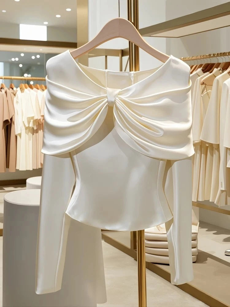 Elegant Ruffled Ruched Slim Waist Top  Long Sleeve Casual