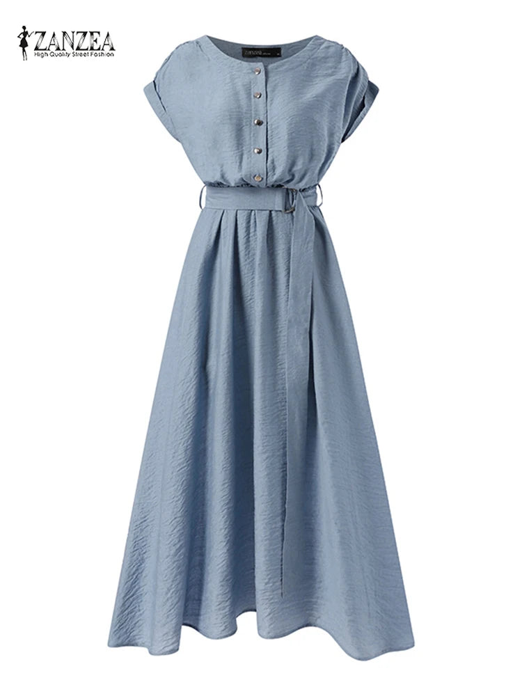 Women's Fashion Short Sleeve Dress Summer Elegant Party Casual Mid-calf Sundress Vintage