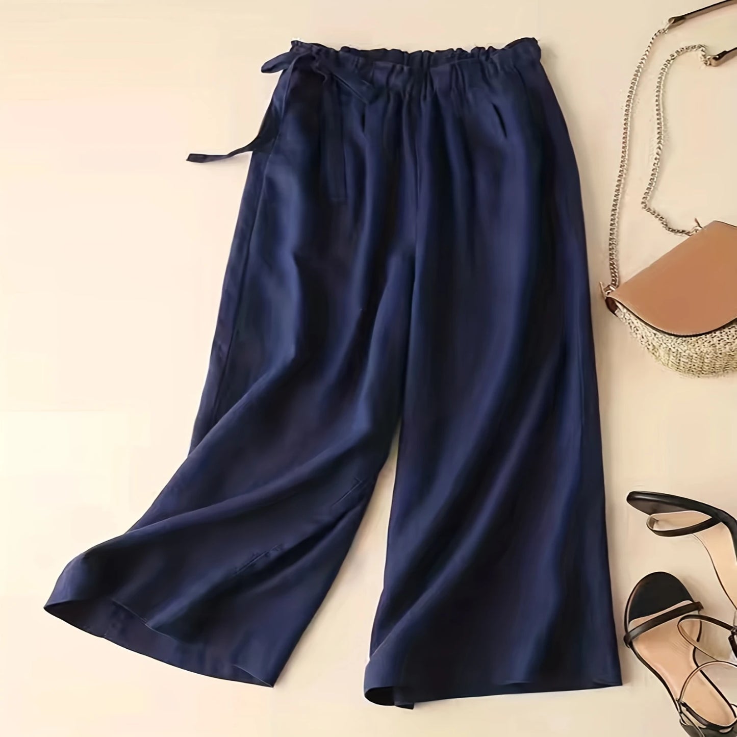 Solid Elastic Waist Pants, Casual Wide Leg Women's Summer Clothing