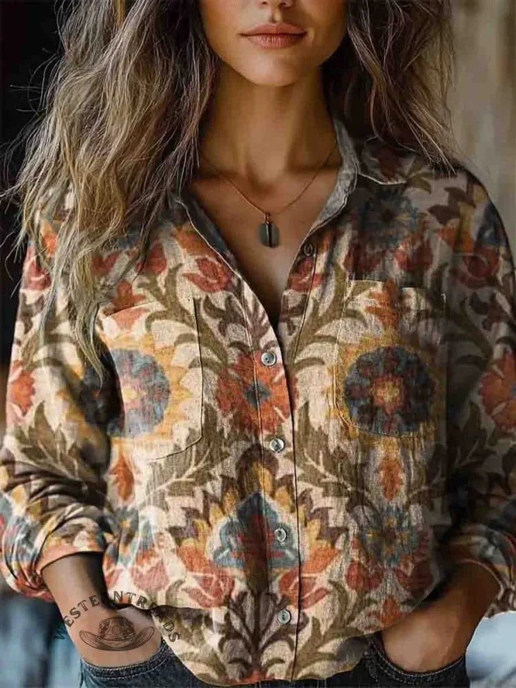 European Style Women Long Sleeve Basic Shirts New Casual Beach Tops Blouse Ladies Bohemian Flower Print shirt