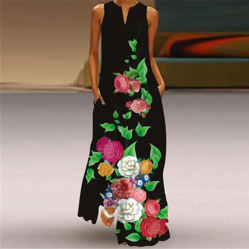 6 Patterns to choose from Sleeveless Exaggerated Large Print Dress Women Casual Vest Maxi Dresses Summer Bohemian Seaside Dress