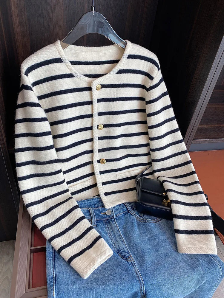 Women's Striped Knitted Cardigans Spring Autumn O-neck Single Breasted Long Sleeve Crop Tops Fashion Casual Chic Female Sweaters