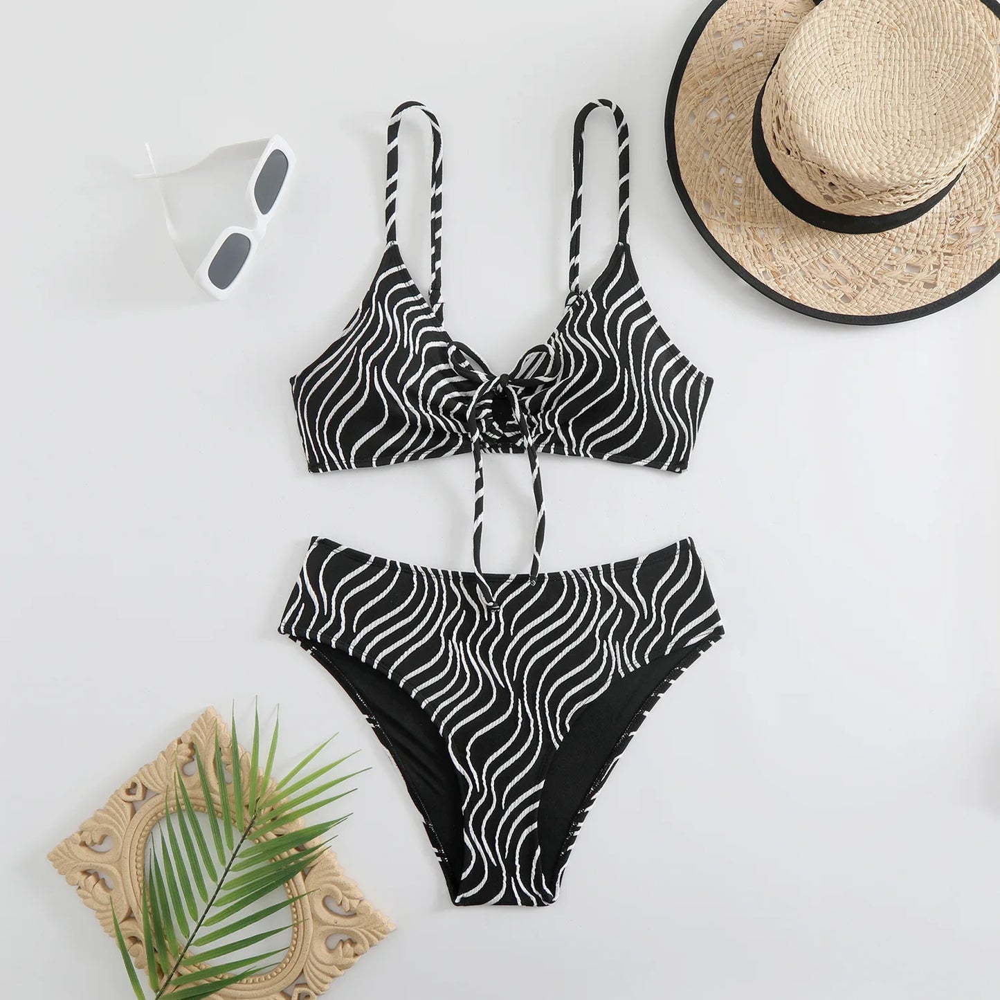 Women's Bikini Set Stripe Print 2 Piece Swimsuit Drawstring Lace-up V Neck Suspender Backless Beach Vacation Swimwear