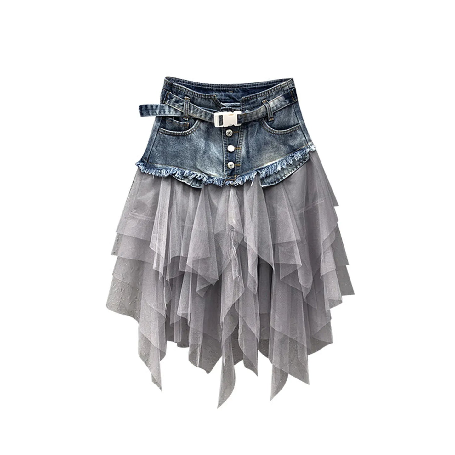 Skirt Women Aesthetic High Waist Denim Tulle Skirt Irregular Hem Belted Button Down Raw Edge A-Line Pleated Skirt