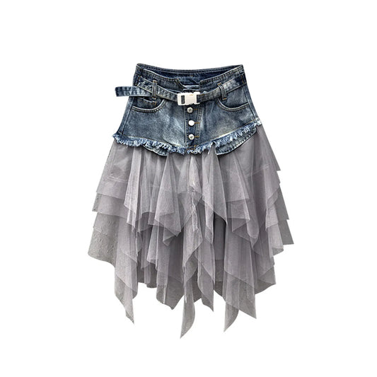 Skirt Women Aesthetic High Waist Denim Tulle Skirt Irregular Hem Belted Button Down Raw Edge A-Line Pleated Skirt