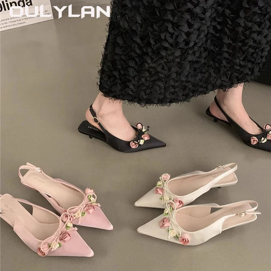 French Style Matching Skirt with High Heels Shoes Exquisite Sandals Flower Decoration Elegant Sandals