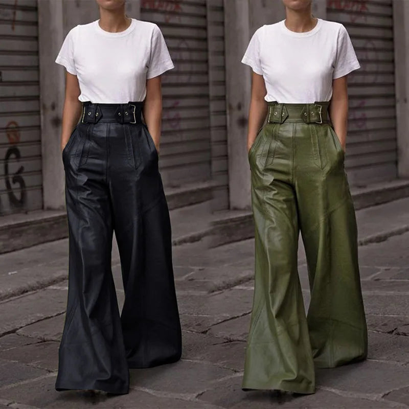 Casual Loose Leather Pants High Waist Wide Legs Solid Pocket Flare Pants
