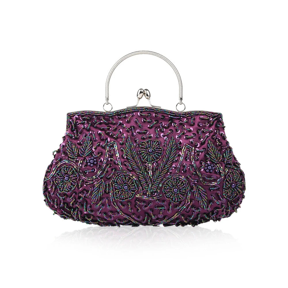 Women's Handbag Floral Designer Evening Bag Beaded Sequin Design Vintage Kissing Lock Satin Purse Bag Wedding Party Clutch Bags