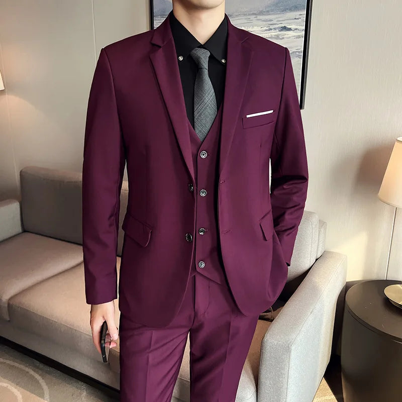 Men's High-Quality 3-Piece Business Casual Wedding Suit Vest Trousers Set Handsome Fashion Banquet Clothing